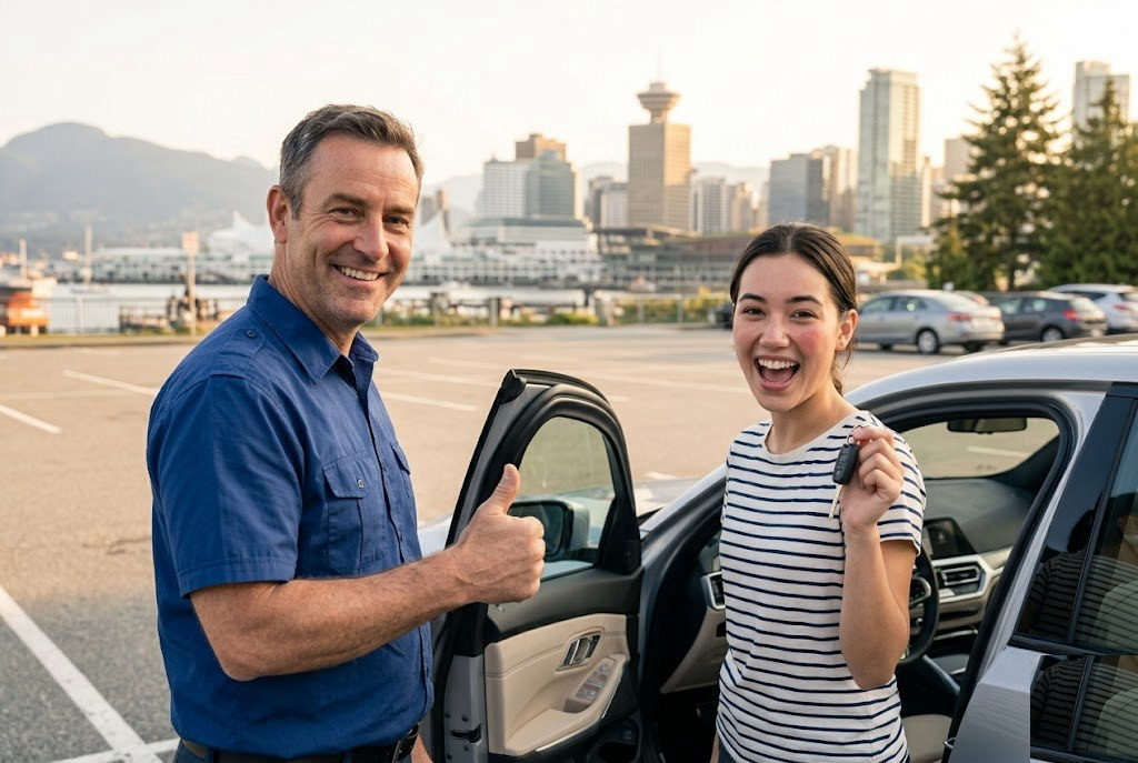 Driving instructor congratulating a student holding her keys, Vancouver skyline behind