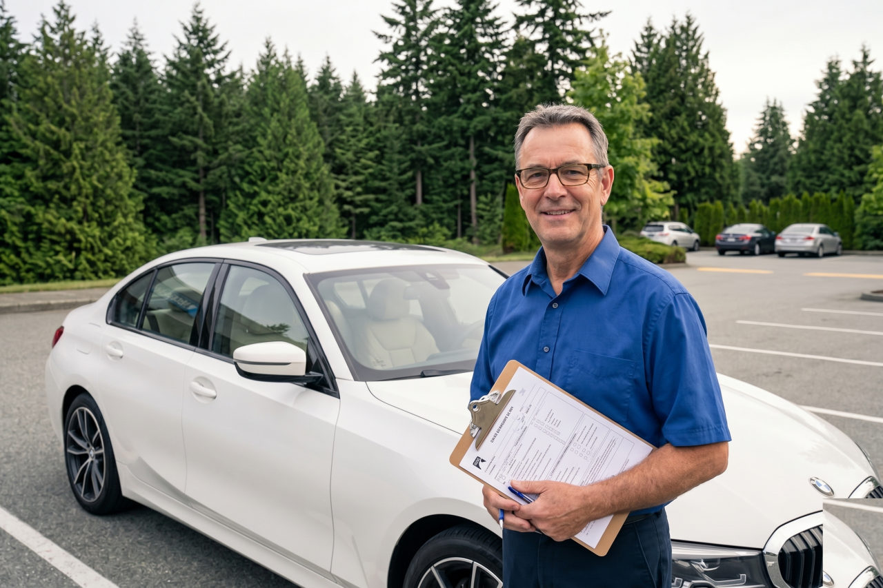 Driving instructor with the lesson car, ready for an ICBC road test